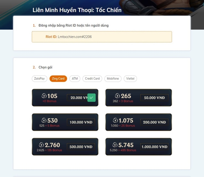 Nạp Liên Minh Tốc Chiến trên website VNG đơn giản