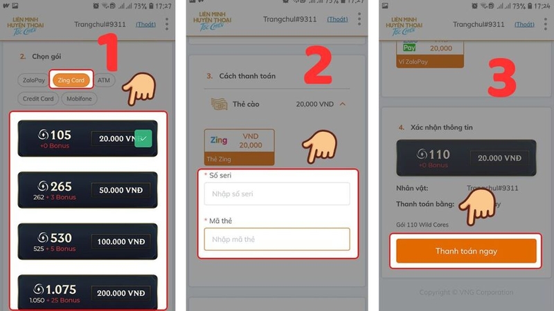 Trình tự các bước nạp bằng thẻ Zing Card