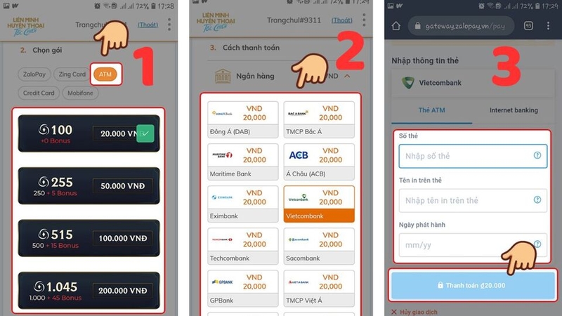 Trình tự các bước&nbsp;nạp qua thẻ ATM