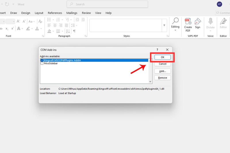 Ngắt kích hoạt Add-ins trong Office 2