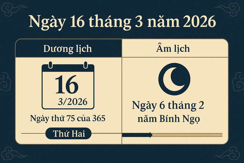 Ngày 16 tháng 3 là ngày gì trong lịch dương và âm lịch năm 2026?