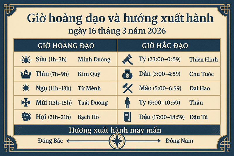 Giờ hoàng đạo và hướng xuất hành ngày 16 tháng 3 năm 2026