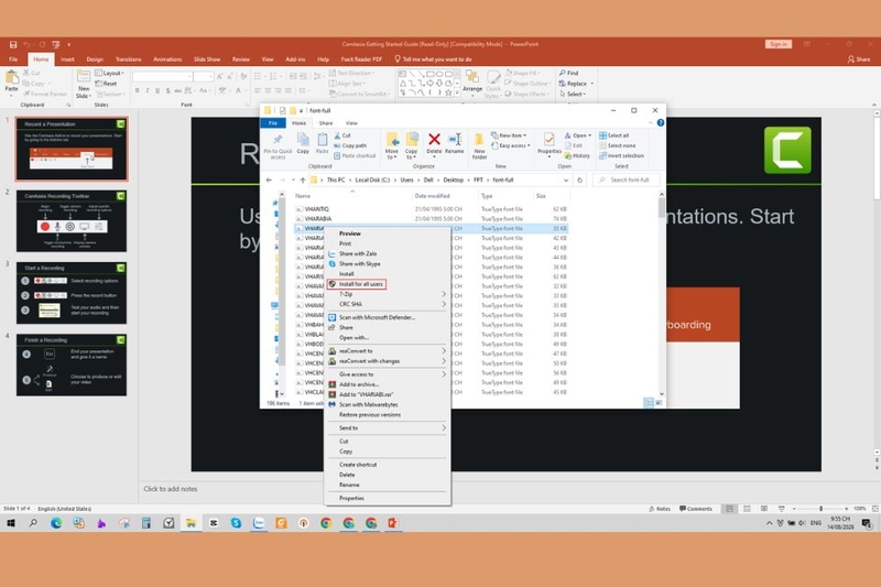 Nhấp chuột phải vào file font, chọn Install hoặc Install for all users