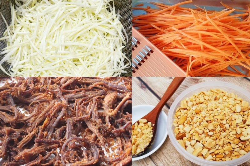 Chuẩn bị nguyên liệu làm nộm đu đủ bò khô