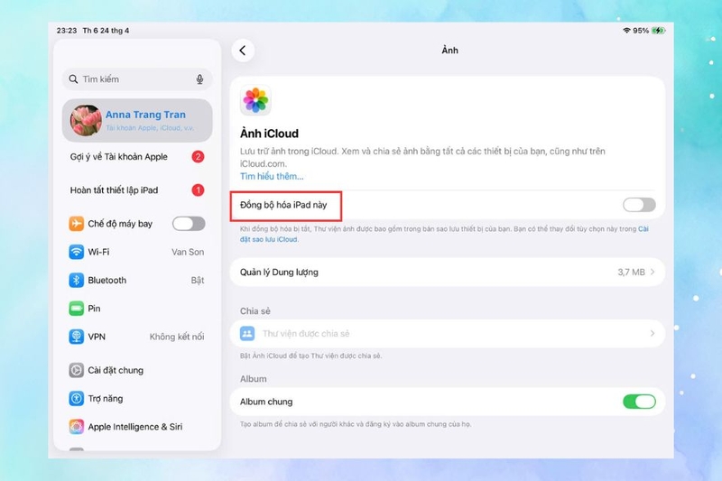 Ở mục Ảnh iCloud hãy bật “Đồng bộ hóa iPad này”