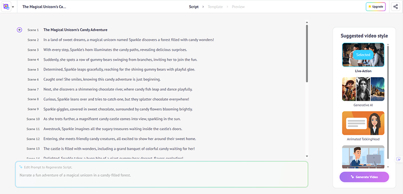 Sau khi chọn template, bạn chuyển sang giao diện chỉnh sửa chi tiết cho từng cảnh