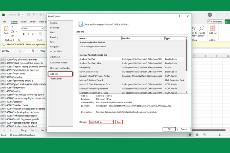 Tắt các Add-ins không cần thiết
