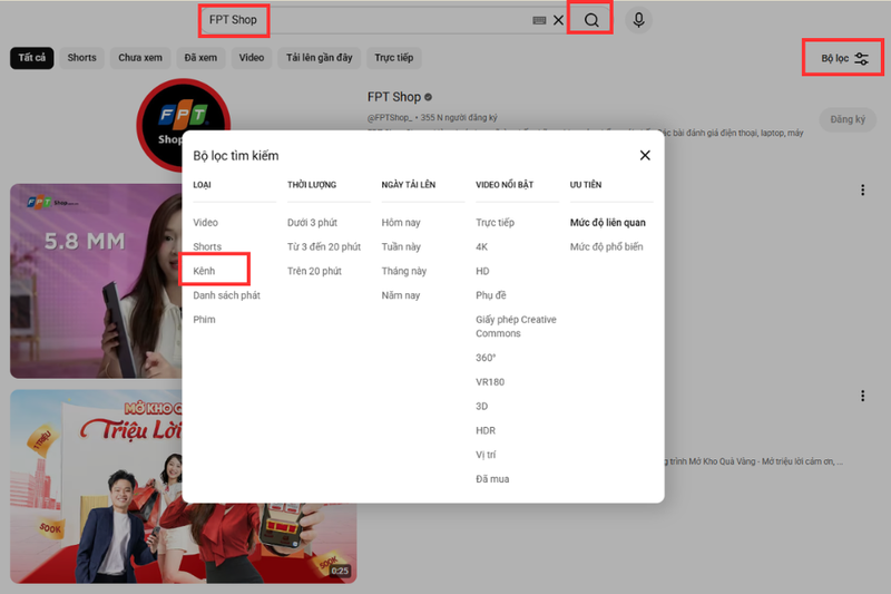 Tìm kiếm thông qua bộ lọc trên YouTube