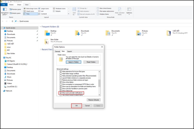 Tìm tùy chọn Show sync provider notifications bỏ Tick