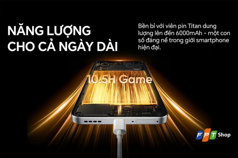 Viên pin 6000mAh kết hợp sạc nhanh 45W cung cấp thời lượng sử dụng cả ngày dài