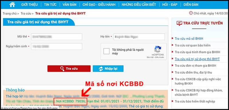 Xem kết quả hiển thị Mã số nơi đăng ký khám chữa bệnh ban đầu.