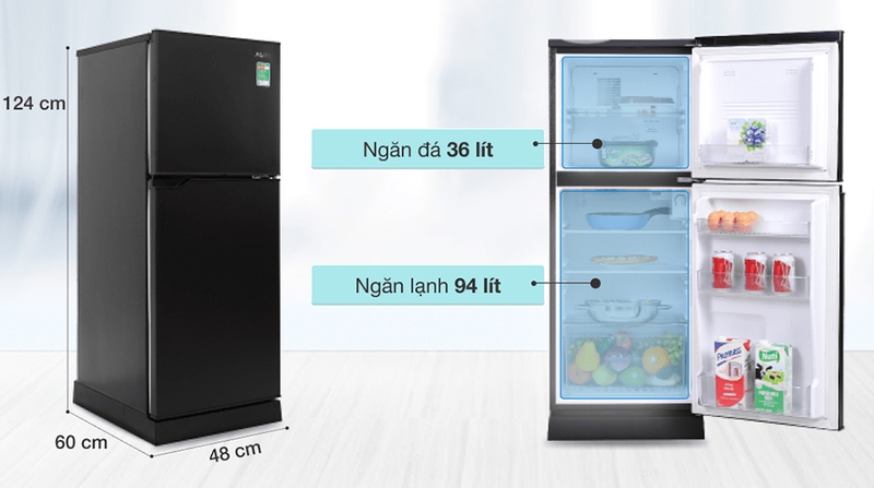 Tủ lạnh Aqua 130 lít AQR-T150FA mang kiểu dáng truyền thống với ngăn đá phía trên và ngăn mát bên dưới