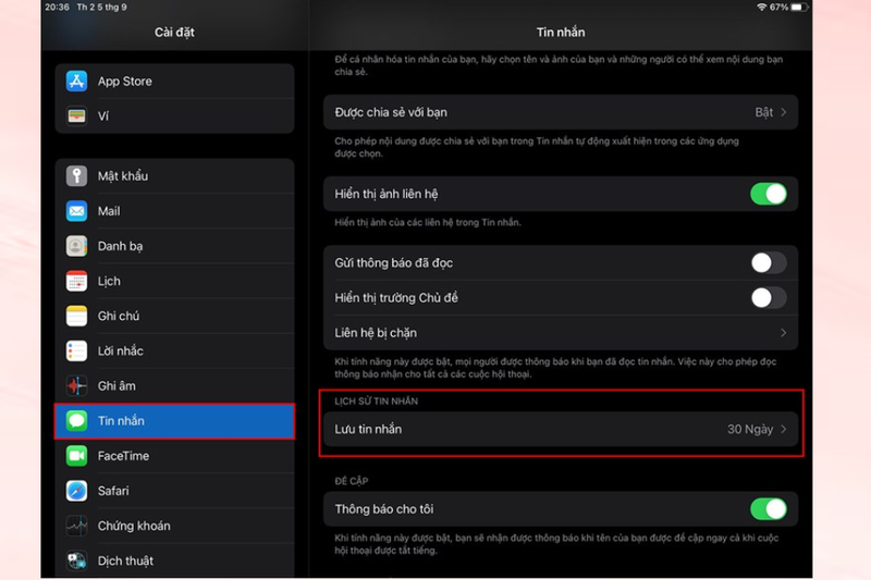 Tùy chỉnh lại lưu tin nhắn iPad 1