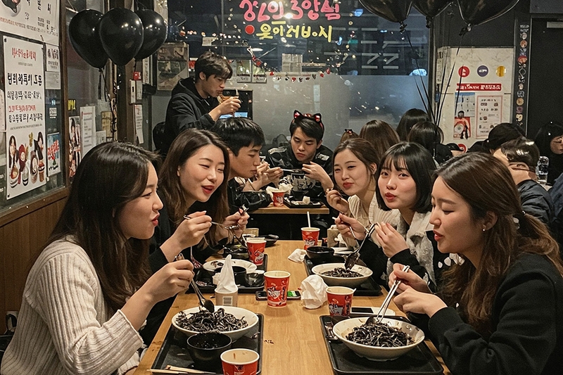 Mọi người ăn mì tương đen trong ngày valentine đen