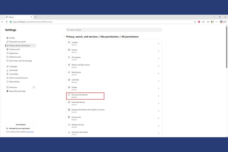 Vào mục Pop-ups and redirects