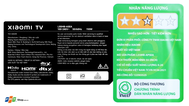 Tem thông tin và nhãn năng lượng Tivi Xiaomi A Pro 55 inch