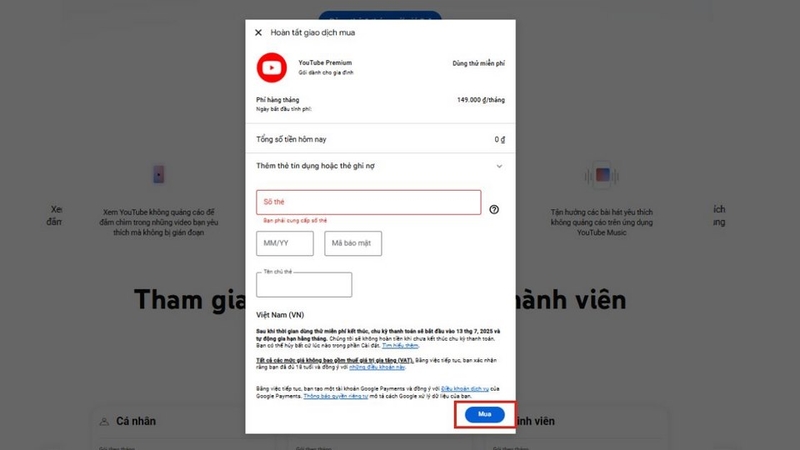 Nhập thông tin thanh toán và hoàn tất đăng ký.