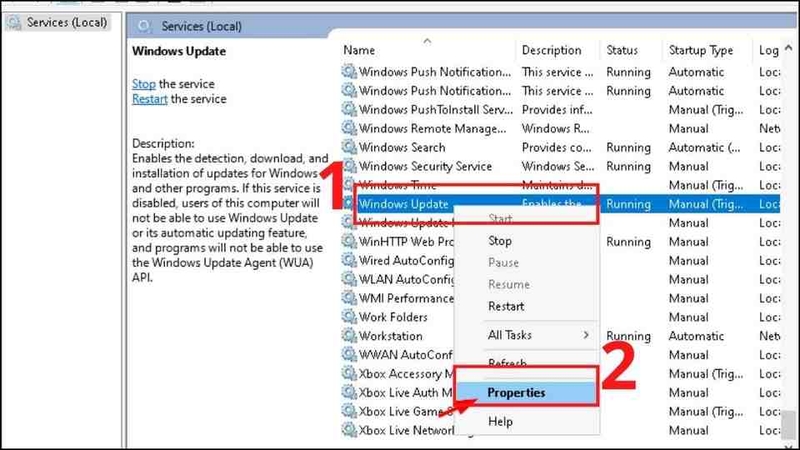 Quan sát dịch vụ có tên là Windows Update