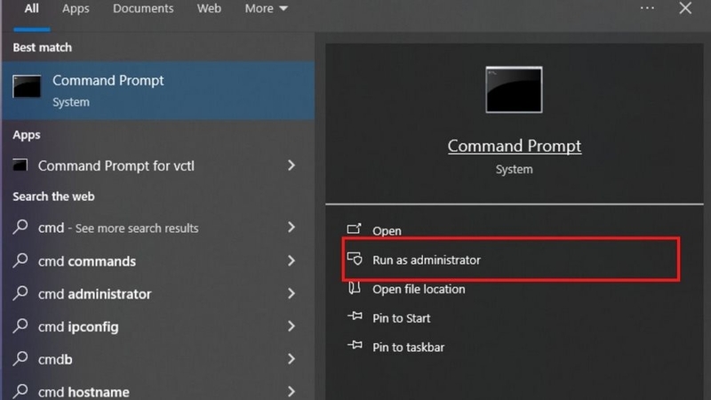 Sử dụng công cụ Command Prompt với quyền quản trị cao nhất