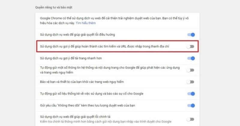 Tắt tính năng gợi ý trong phần nâng cao