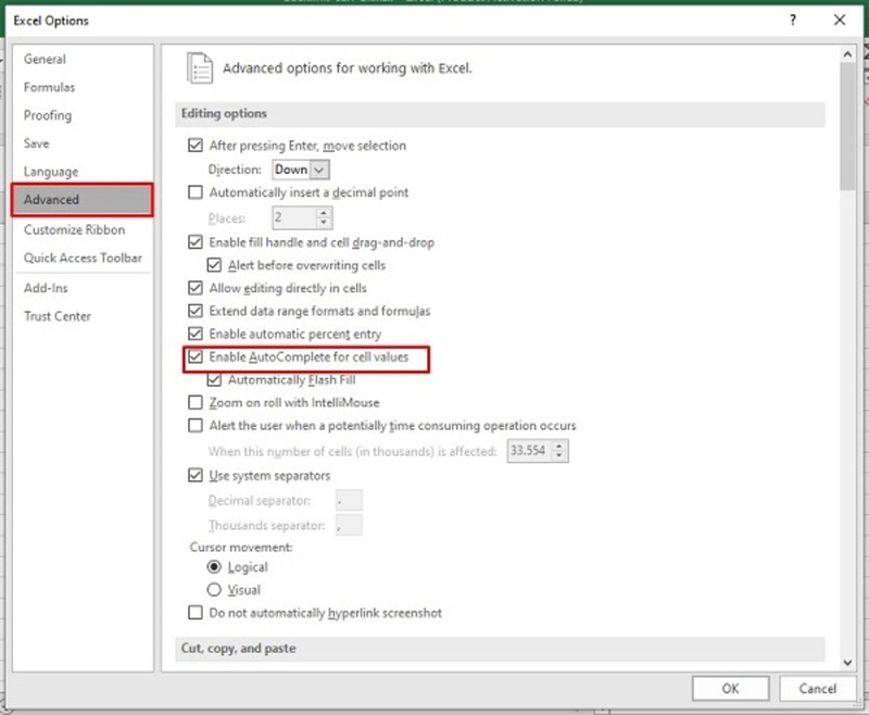 Bỏ tích mục “Enable AutoComplete for cell values”