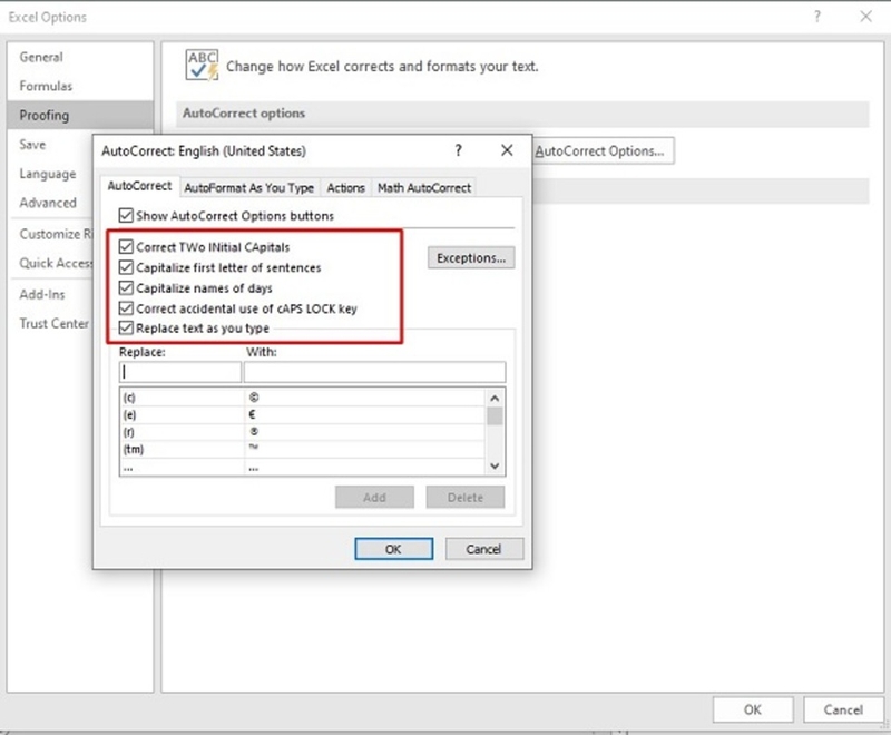 Bỏ tích tất cả các tùy chọn trong phần AutoCorrect Options
