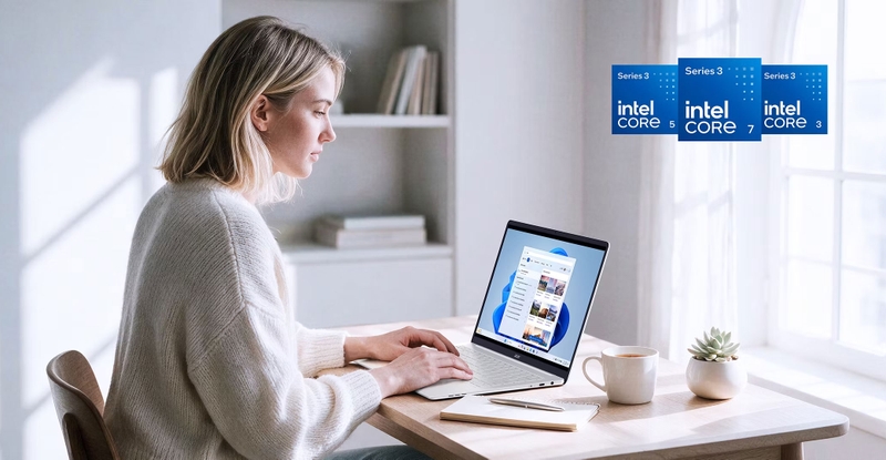 Acer Swift Blade 14 sử dụng bộ xử lý Intel Core Series 3, với cấu hình cao nhất là Core 7 350.