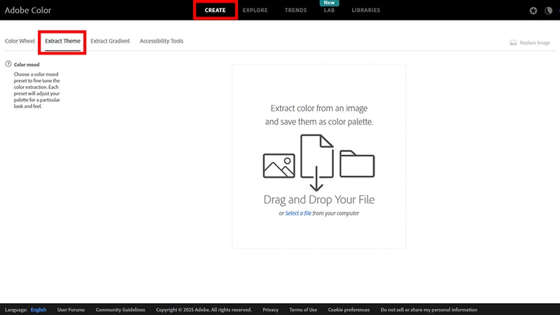 Tải ảnh lên Adobe Color từ thiết bị