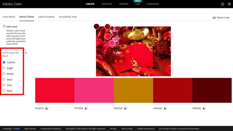 Adobe Color phân tích hình ảnh và tự động tạo ra một bảng màu