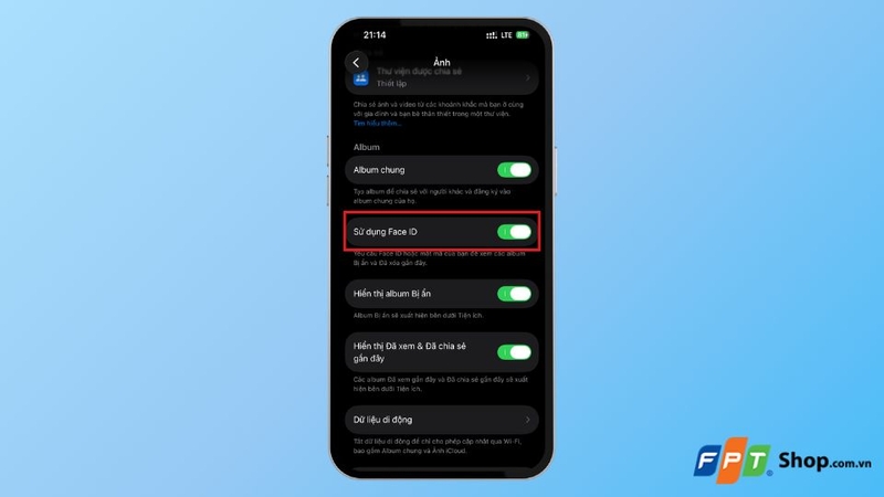 Thiết lập khóa album "Bị ẩn" bằng Face ID hoặc Touch ID
