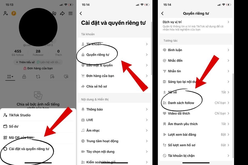 Tìm mục Danh sách người theo dõi (Following list)