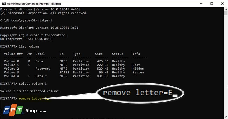 Nhập lệnh gỡ ký tự ổ đĩa để ẩn ổ khỏi File Explorer
