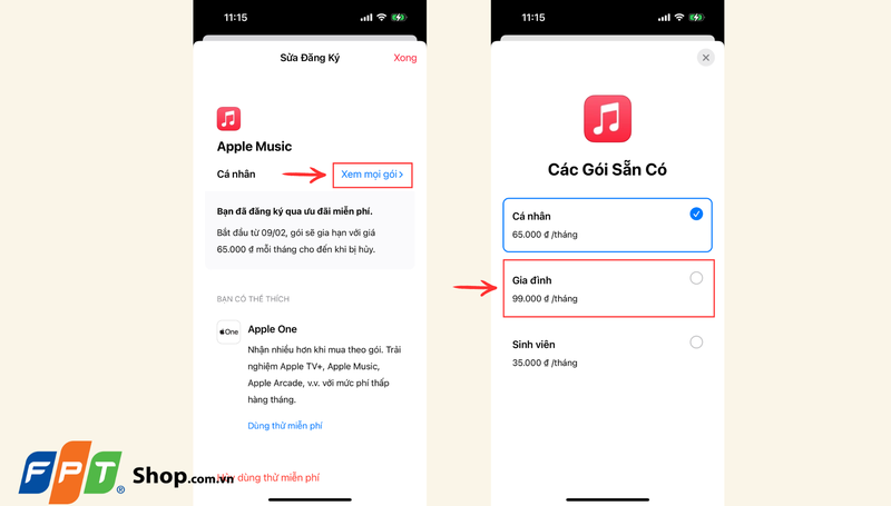 Tick chọn vào gói Gia đình