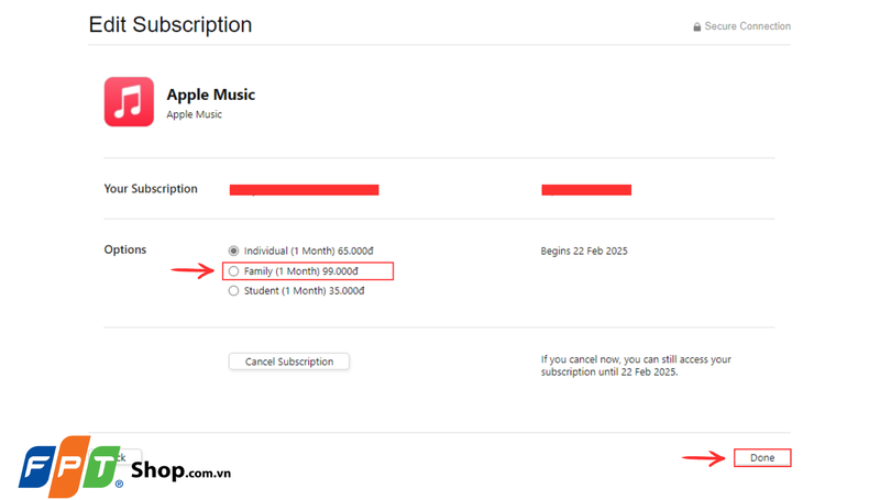 Chọn gói Family trong phần Options và nhấn Done