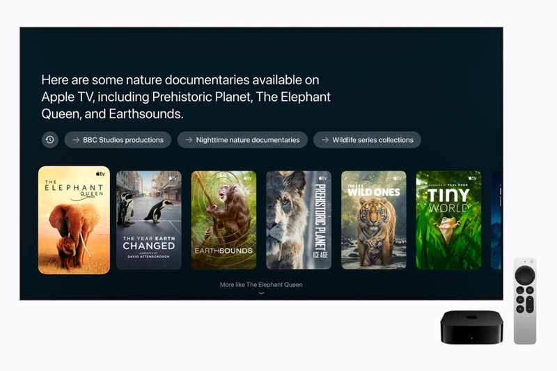 Siri AI trên Apple TV 4K hiểu ngữ cảnh, hỗ trợ trò chuyện tự nhiên và tìm kiếm nội dung giải trí theo yêu cầu.