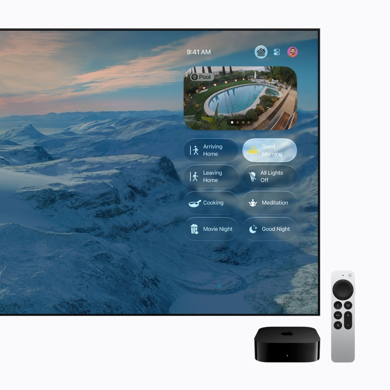 Giao diện Apple TV 4K cho phép theo dõi trạng thái thiết bị và truy cập nhanh các ngữ cảnh nhà thông minh.