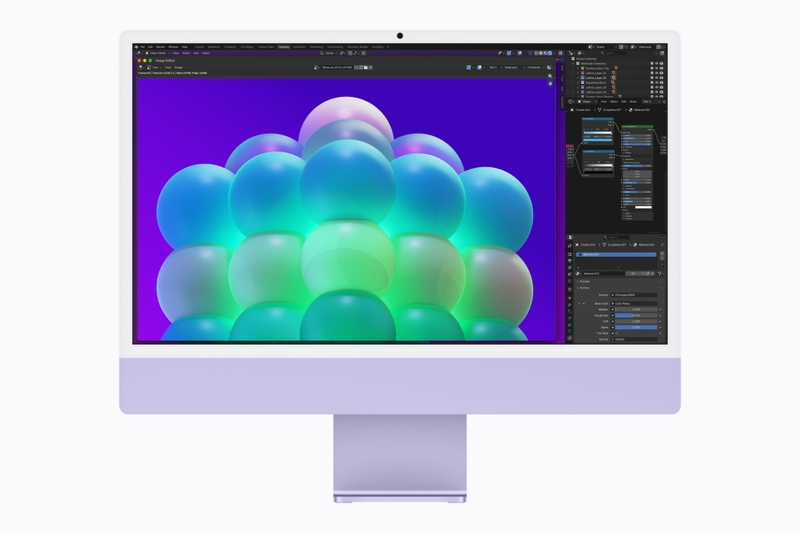 iMac 24 inch M6 vận hành Blender để dựng mô hình 3D, tận dụng hiệu năng đồ họa từ GPU thế hệ mới.