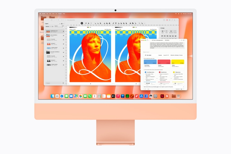 iMac 24 inch M6 hỗ trợ các công cụ AI như Claude và Pixelmator Pro, phục vụ chỉnh sửa ảnh và xử lý nội dung.