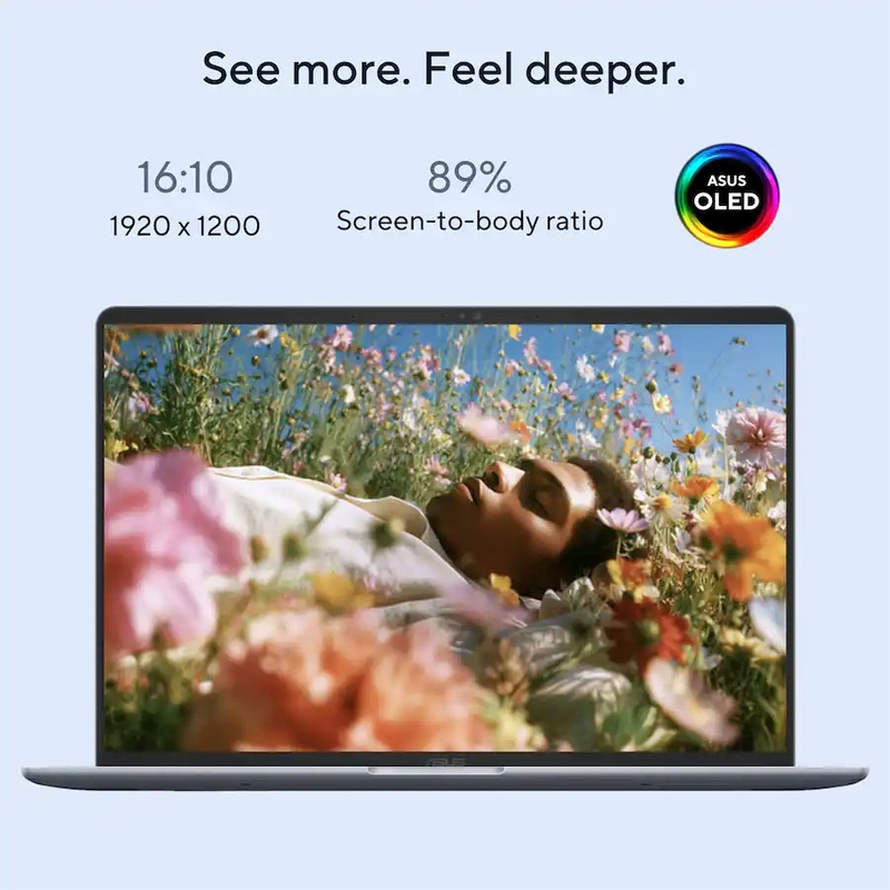 Màn hình OLED 16:10 trên ASUS Zenbook 14 mở rộng không gian hiển thị, với tỷ lệ màn hình trên thân máy đạt 89%.