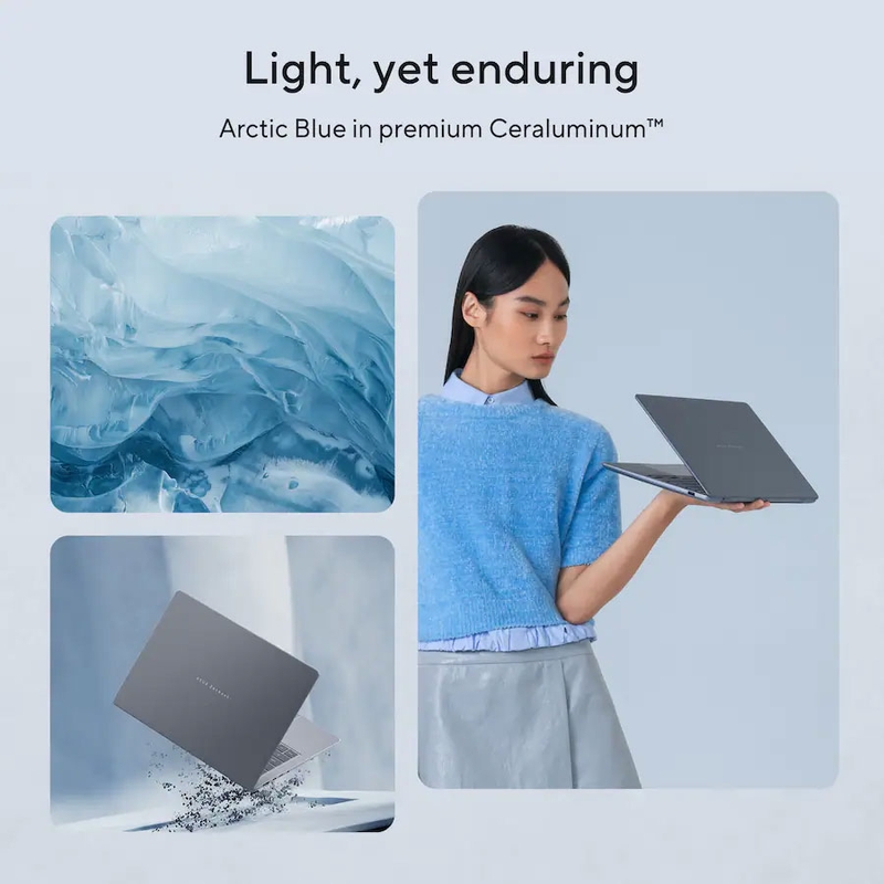 ASUS Zenbook 14 sử dụng nắp Ceraluminum và thân máy nhẹ khoảng 1,3 kg, thuận tiện khi mang theo hằng ngày.