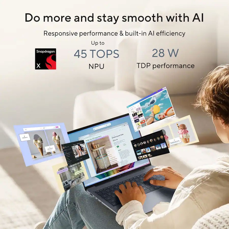 NPU đạt 45 TOPS trên ASUS Zenbook 14 hỗ trợ tăng tốc các tác vụ AI ngay trên thiết bị.