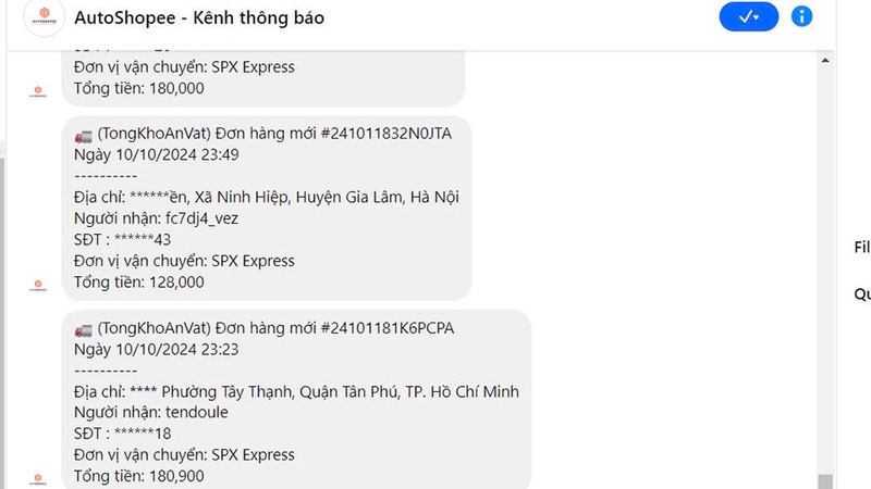 AutoShopee thông báo tự động khi có đơn hàng phát sinh