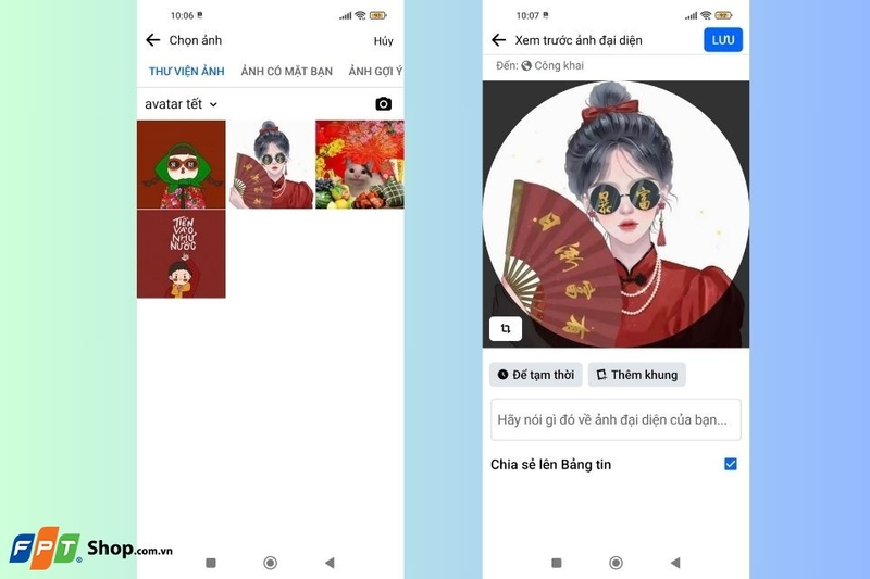 Chọn avatar tết đã tải xuống và tùy chỉnh khung theo ý muốn
