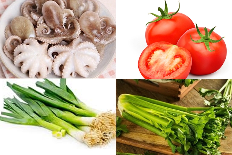 Nguyên liệu cho món bạch tuộc xào cần tỏi tây.