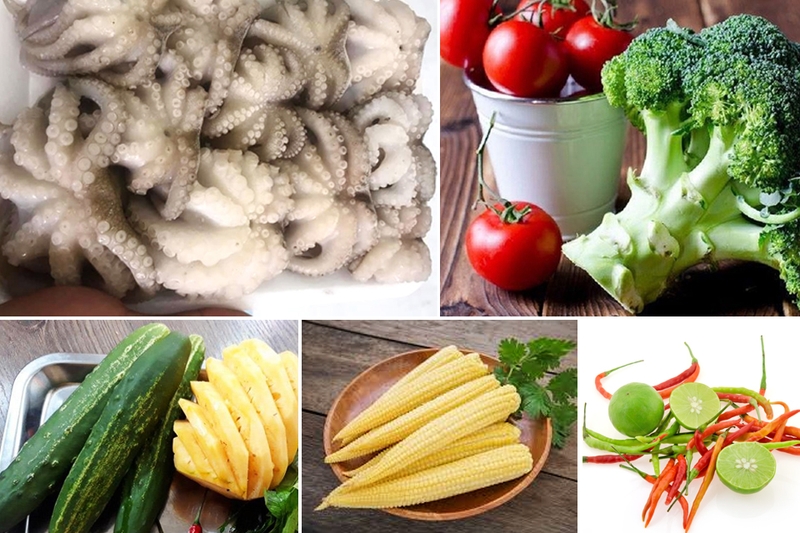 Nguyên liệu làm bạch tuộc xào thập cẩm.