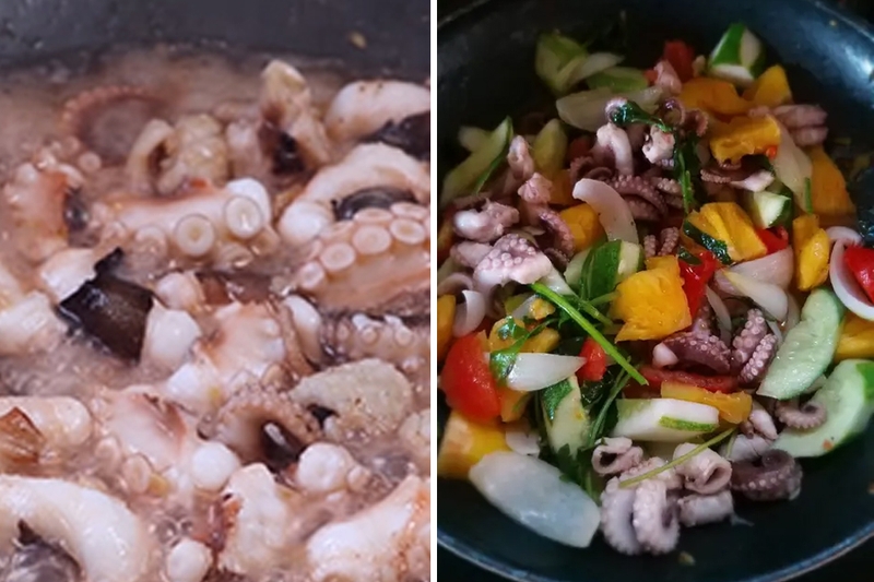Xào bạch tuộc với dứa, dưa leo, cà chua,...