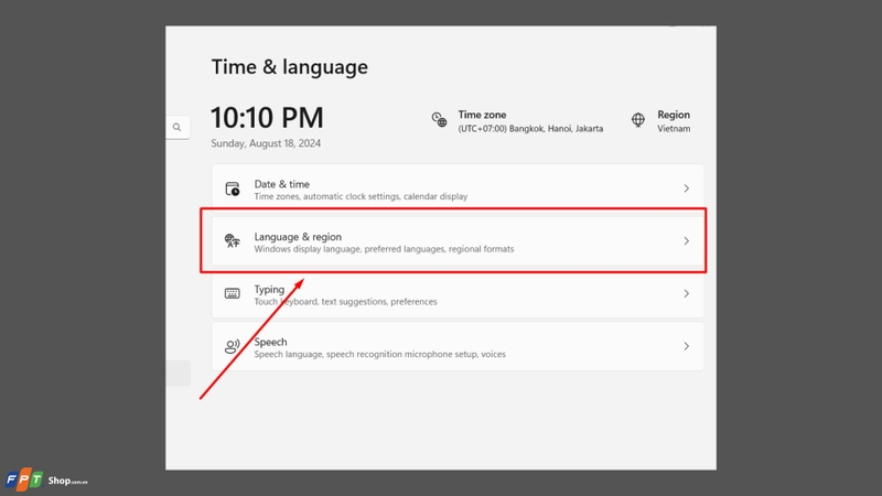 Trong mục Time & Language, chọn Language & region