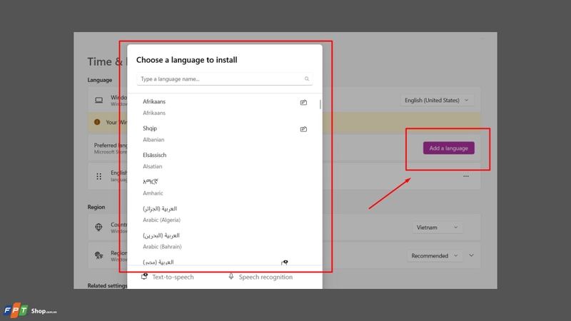 Nhấp vào nút Add a Language