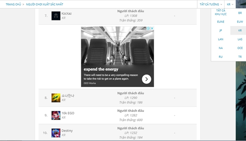 Chọn khu vực bạn muốn tra cứu bảng xếp hạng