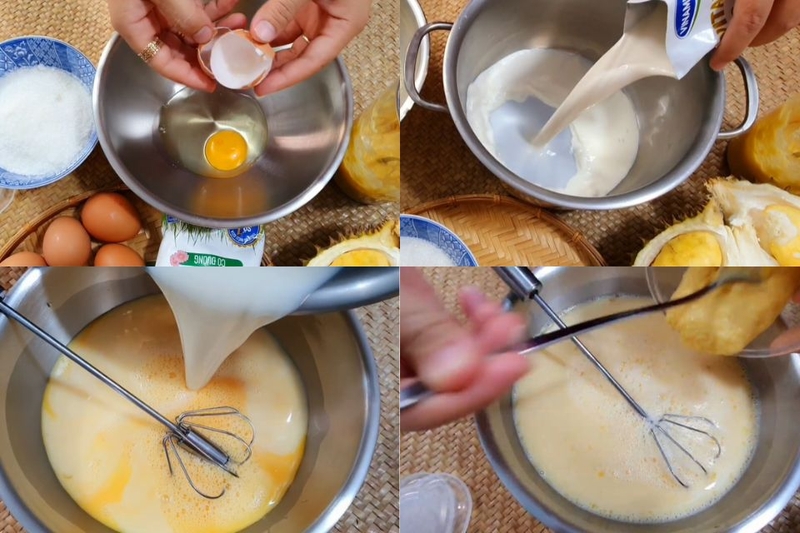 Nấu sữa và trộn hỗn hợp sầu riêng, trứng